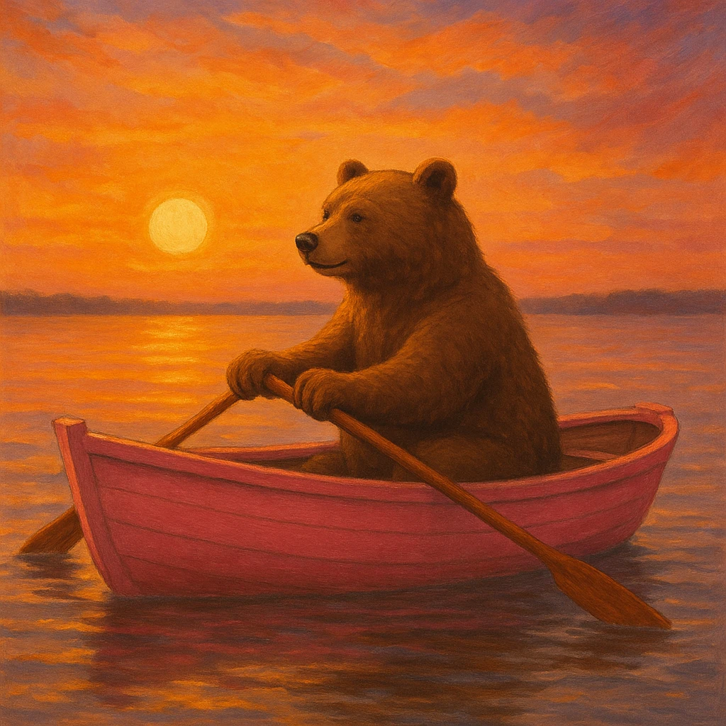 pink rowing boat with a bear rowing, sunset background emoji
