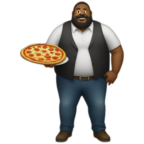 fat bearded black man with a pizza and an aligator emoji