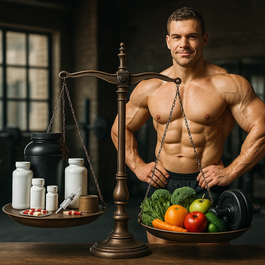 A 35-year-old bodybuilder con equilibrio su uso di sostanze e non. immagine iper realistica, fai una bilancia emoji