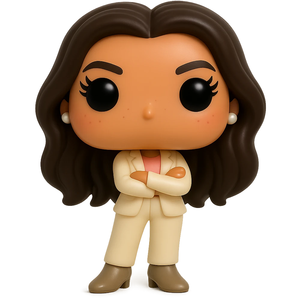 Create a Funko Pop style vinyl figure of Eva Longoria with luminous smooth tanned skin, extremely detailed dark hair, hyper-textured feminine cream suit (jacket and pants), small pearly earrings, greige leather boots clearly visible, arms crossed, rosy cheeks, very discreet freckles, eyelashes, mischievous and cheerful expression, no mouth, transparent background. emoji