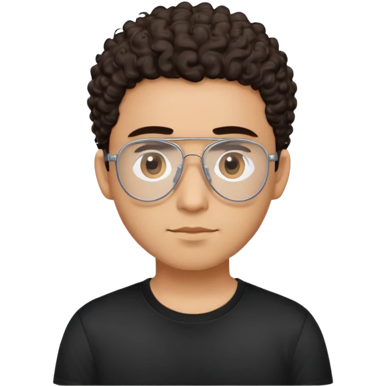 Latino man with light brown complexion, small face and prominent forehead, teardrop-shaped aviator glasses, totally shaved sides with very minimal dark curly hair only on top, gentle expression, simple black t-shirt emoji