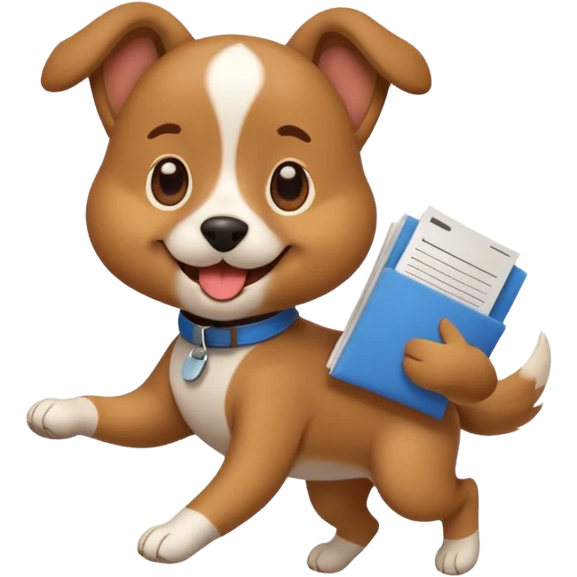 cute emoji-style dog running with a resume in its mouth, happy expression, simple and bold lines emoji
