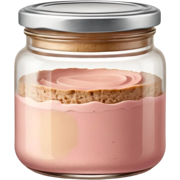 small glass jar filled with coarse beige to light pink pâté, smooth slightly uneven surface, metal lid, visible layers of texture through transparent glass, fine fat cap on top, no label, no garnish, no bread, sealed jar, soft lighting, subtle shadows, emoji scale emoji