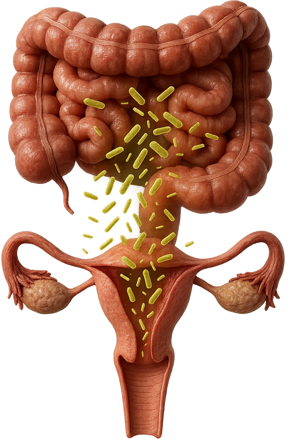 UTERO UMANO E INTESTINO ANATOMICI REALISTICI SONO UNO SOPRA ALL'ALTRO E SI PASSANO I BATTERI A VICENDA, CON BATTERI CHE ESCONO DALL'INTERNO, IPERREALISTICO 4K, NON DISEGNATO emoji