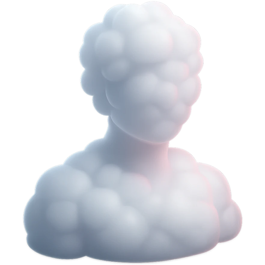 person made entirely of white fluffy convex clouds with a slight pink glow, shoulder up, front view, matte glass style, no background emoji