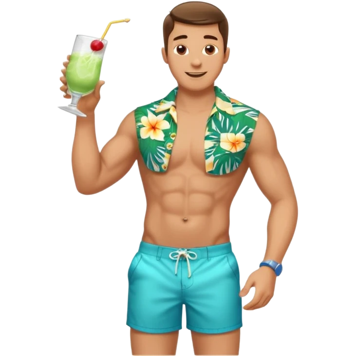 human male Unbuttoned Hawaiian shirt, swim trunks, shaking a cocktail shaker (sparks flying) emoji
