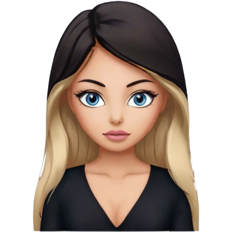 Glamours make-up, tanned, beautiful, girl, with blue eyes, big pump peach-beige-rose lips, eyeliner, long lashes, black straight smooth silky long hair, parting hair in the middle,  in black v-neck bodysuit long sleeves emoji