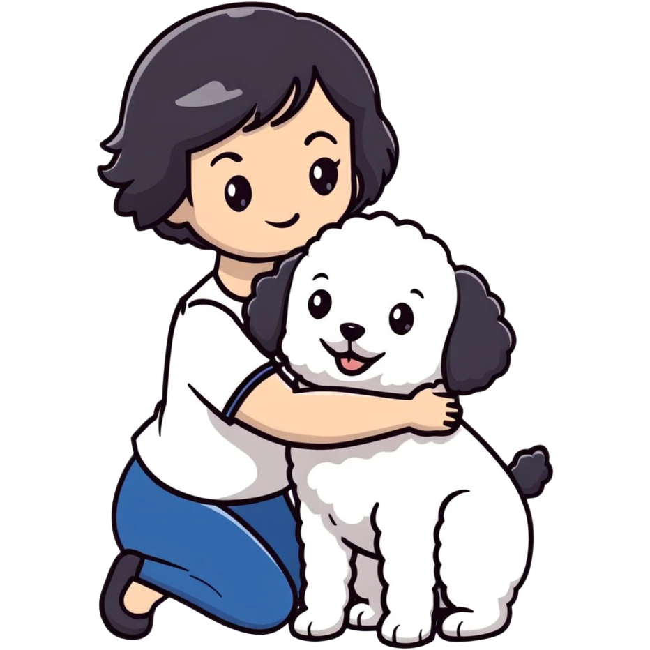 Woman with short black straight hair hugging a brown poodle and a white bichon frise emoji