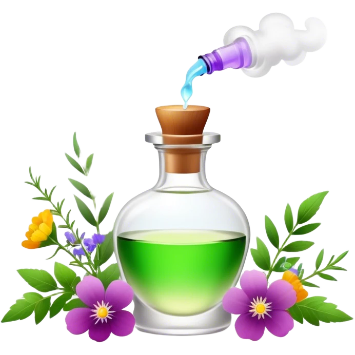 Perfume making icon, delicate glass bottle being filled with colorful essential oils from droppers, swirling mist rising from the bottle, flowers and herbs nearby, minimalistic style, clean lines, transparent background. emoji