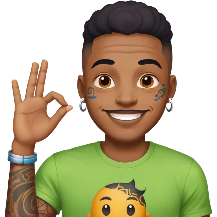 black man with bold face tattoos, happy face, wearing a colorful t-shirt emoji
