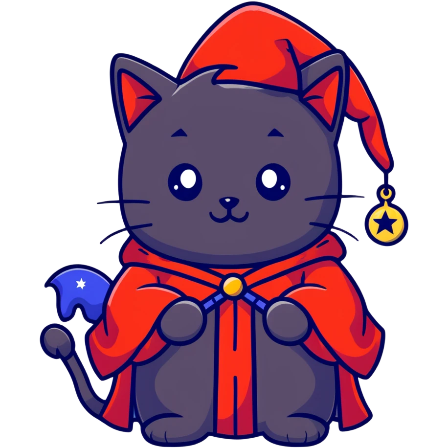 Black cat wearing red robe and blue starry wizard hat emoji