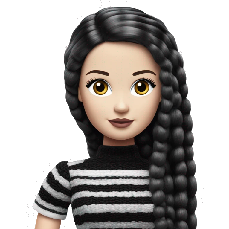 Bouclé Beauty Barbie, Wednesday Addams from academy, in vertically-striped dark-gray and black. emoji