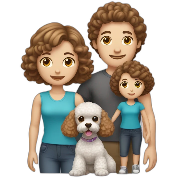 A family consisting of 1 man with light brown hair, 1 woman with dark brown hair and a toy poodle with brown hair, heads only and no kids, both humans are white emoji