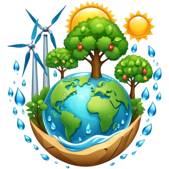 An icon featuring a green Earth, a tree, recycling symbols, and renewable energy sources like wind turbines, solar panels, and hydropower. The design includes animals, water droplets, and the sun, representing ecology, sustainable energy, and environmental protection. Transparent background. emoji