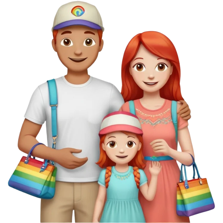 A happy family of four - father in white t-shirt and cap, mother with red hair in coral dress, young daughter in matching dress with rainbow handbag, teenage son in light embroidered shirt, all smiling together emoji
