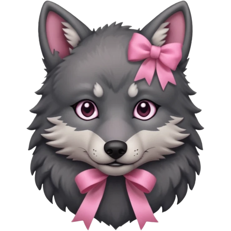 sad 🥺 cute dark grey wolf with a pink ribbon ion his head emoji