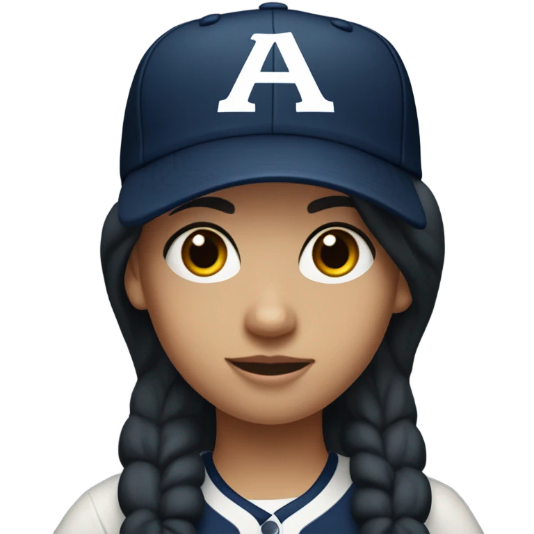A  white girl with black long hair and wearing navy ballcap emblazoned with a red G initial and wearing baseball uniform emoji