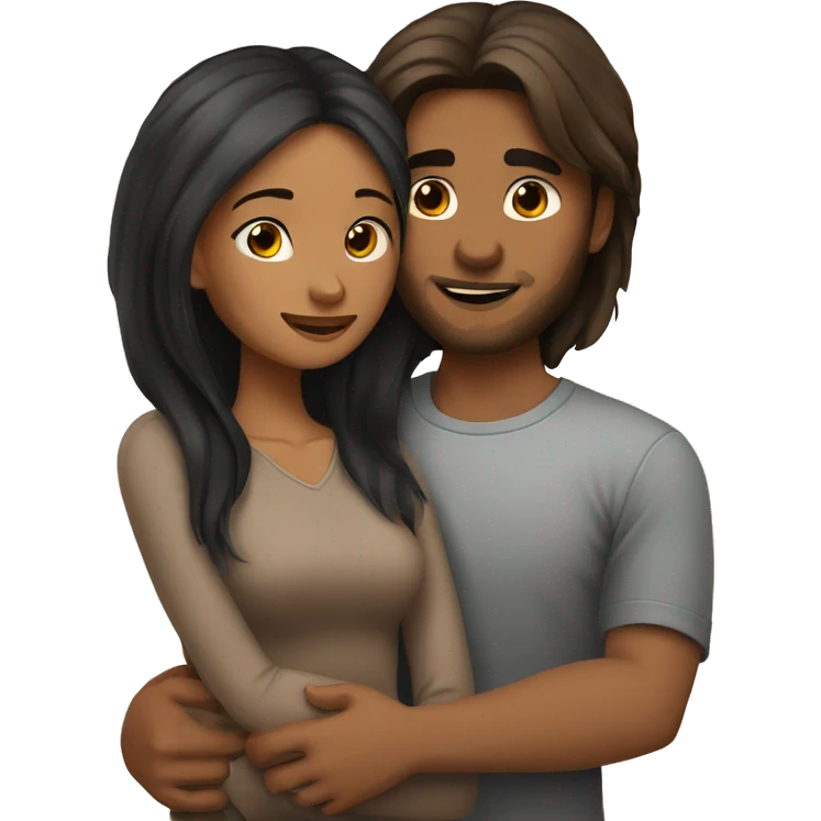 medium skin, Black long hair girl hugging with a fair skin man with brown hair on top emoji
