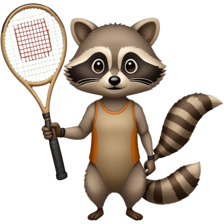 tennis racket with a raccoon hand and forearm gripping the handle, no raccoon body emoji