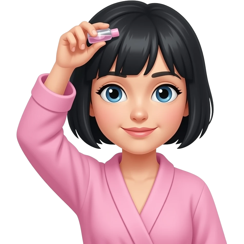 White girl taking care of her black short hair by giving herself a hair tonic massage, wearing a pink robe, iPhone emoji style emoji