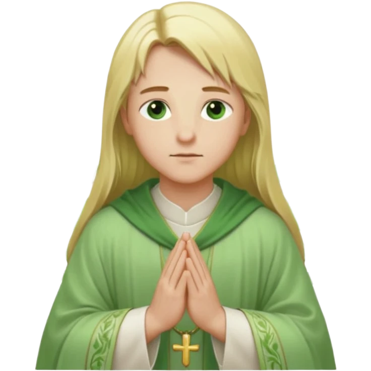 a young bishop, green eyes, long blonde hair, light green wide, flowing outer robe. hands clasped together, gazing thoughtfully. Soft light, subtle fern. Waist-up, profile. emoji