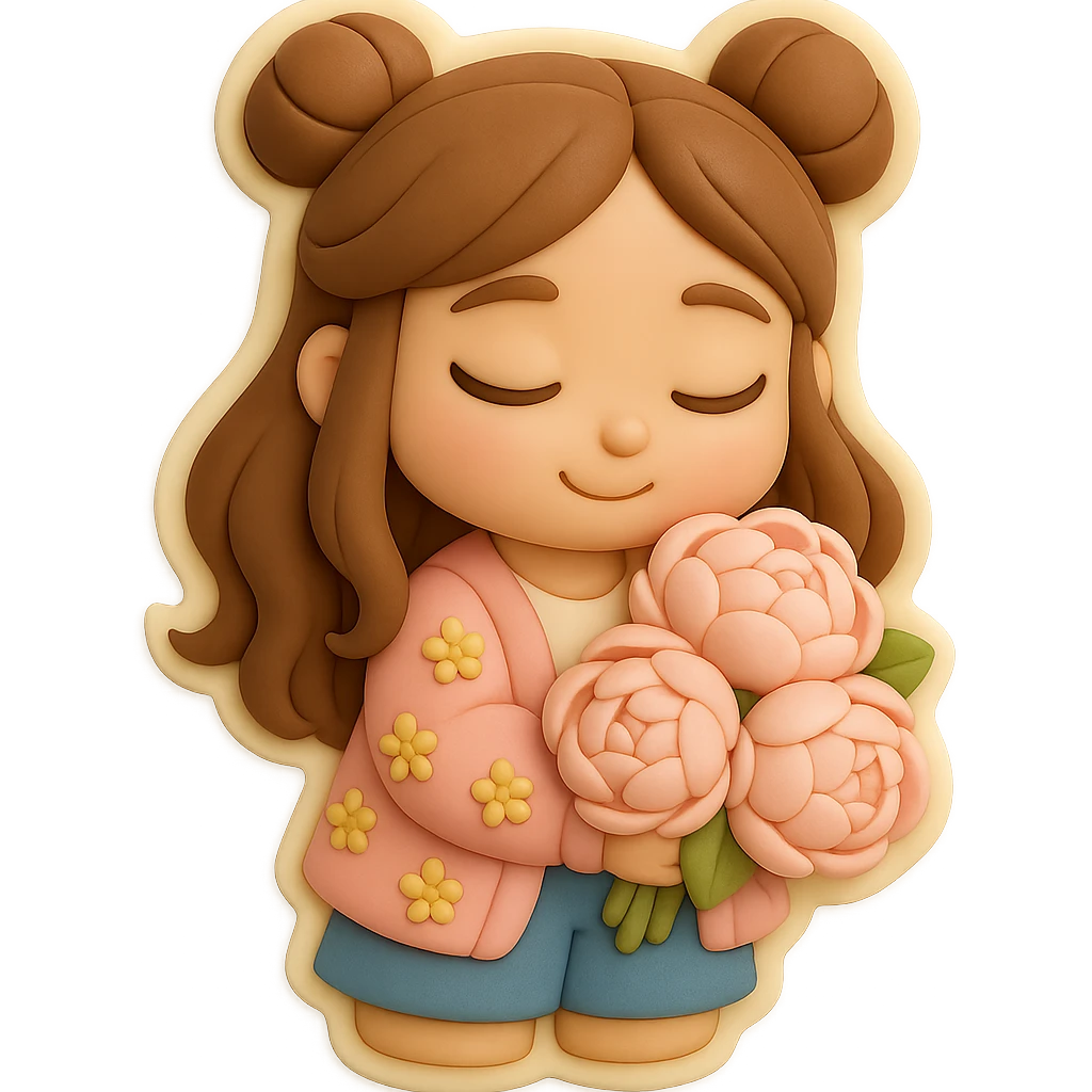 3D chibi fondant cake art style, high-quality rendering with smooth shadows and soft gradients. Girl based on reference image, preserving facial features and eye shape exactly as in the reference. Long brown hair styled in two space buns, brown eyes. Thick white outline like a sticker, transparent background. She is holding a bouquet of soft pink peonies in both hands, looking down at the flowers with a gentle, happy expression. emoji