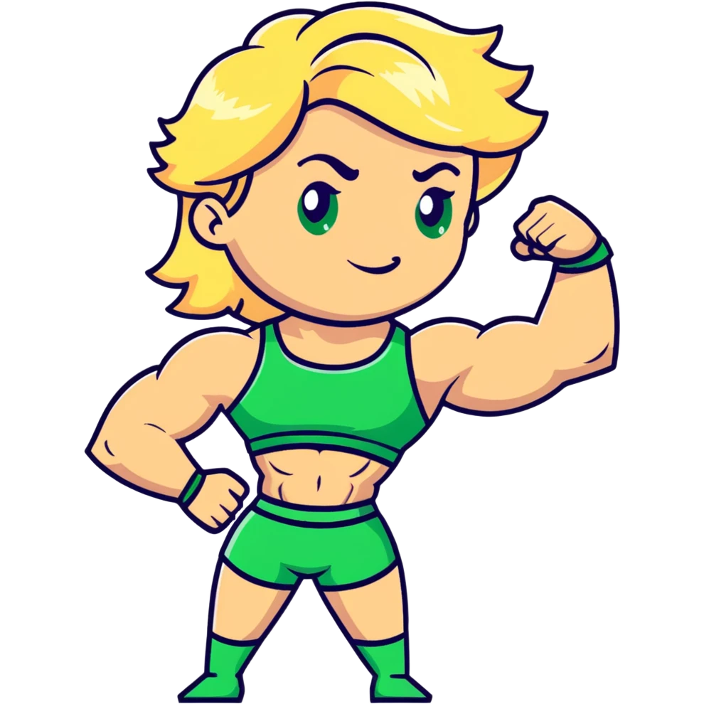 muscular white girl with blonde hair and green eyes, flexing 6 pack abs and one arm bicep emoji