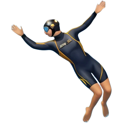 A diver mid-air, plunging from a high cliff into the sparkling ocean below. The background features rugged cliffs, clear blue water, and a bright sky, emphasizing the excitement and danger of the sport with a sense of freedom and adventure. emoji