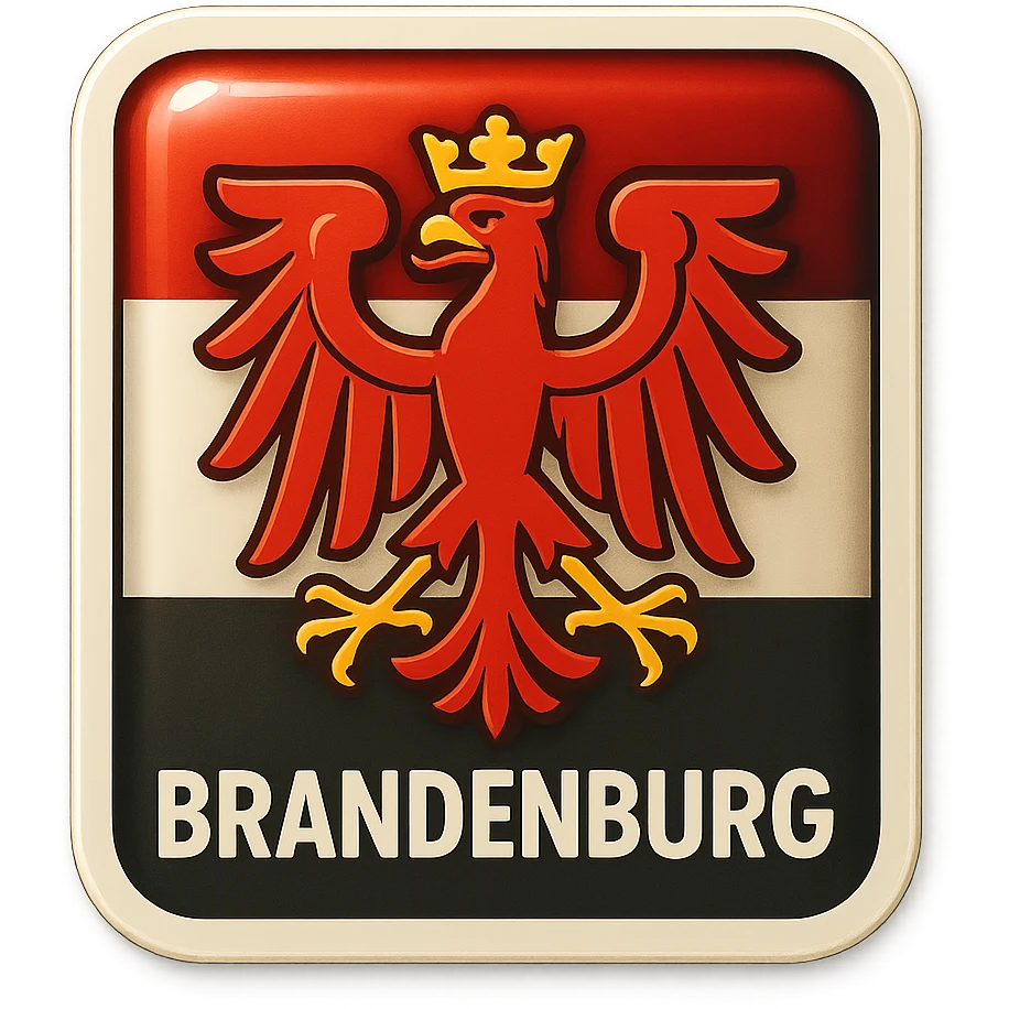 Create an icon for Brandenburg in retro stickers style with a rectangular flag background. Center the Brandenburg coat of arms featuring a red eagle with a crown. The style should be less cartoonish and match the format of the Berlin icon. No text included. emoji