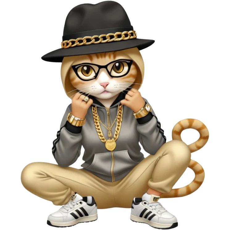 female cat dressed like Run DMC in tracksuit, fedora, Adidas shoes, lots of gold chains, rings, bracelets, earrings, whispering to a friend, no sunglasses emoji