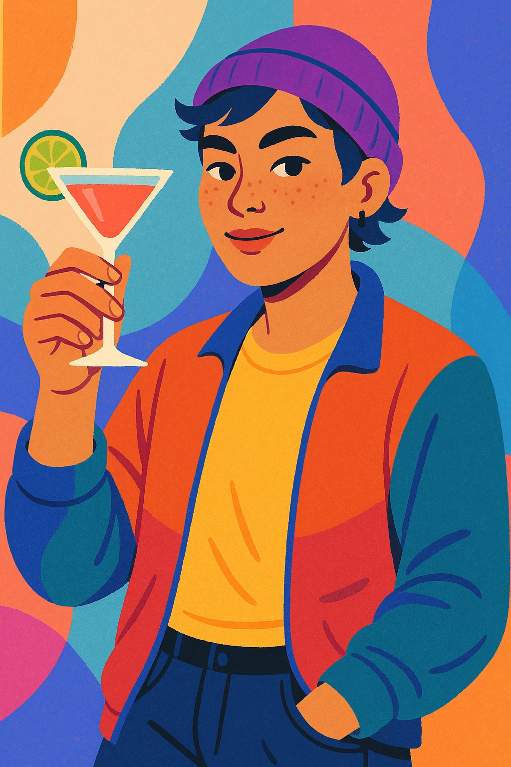 A non-binary person wearing a beanie holding a cocktail glass emoji