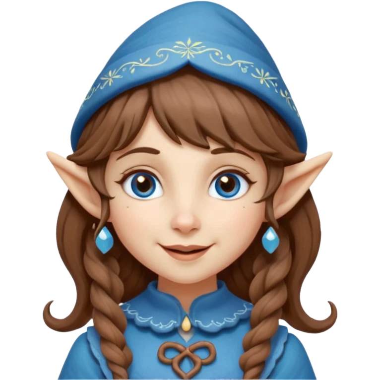 Kind happy whimsical quirky Girl toymaker, wood carving elf. Woodland creator. Blue eyes. brown hair (just below chin length) wavy hair & bangs. Whimsical playful cute emoji