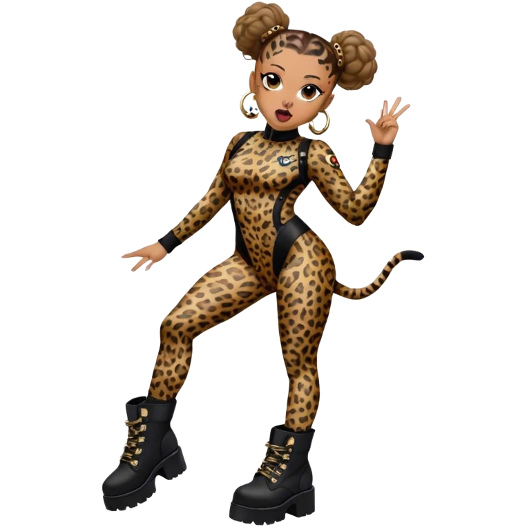 Melanie Brown with her hair in space buns and wearing a tight leopard print bodysuit and black combat boots, she’s showing off her tongue ring emoji