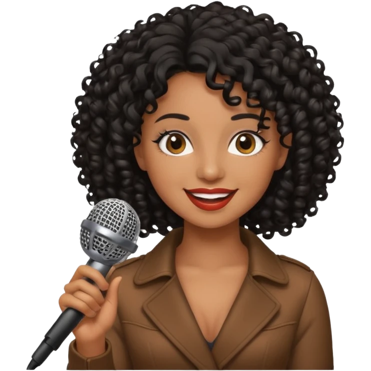 brown skin woman, curly black hair, singer, hold micro emoji