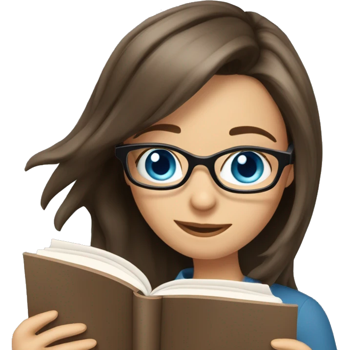 bob haired Brunette with glasses and blue eyes Girl reading a book. Girl has blue eyes emoji
