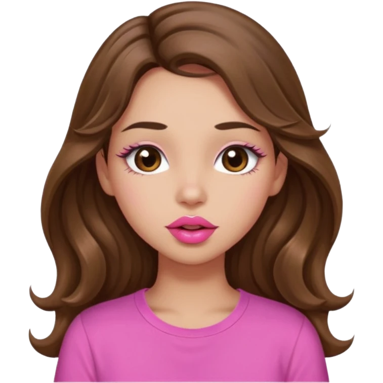 girl with long wavy brown hair, brown eyes, light to medium complexion, in a pink shirt, pink lips, long lashes, puckering up for a kiss, kiss lips emoji