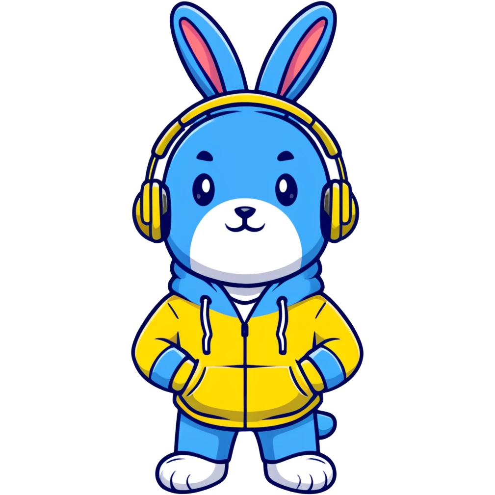 blue bunny in hoodie, one paw in pocket, headphones on emoji