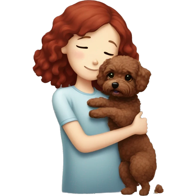 Dark-red-haired girl hugs  her Maltipoo-Black-dog emoji