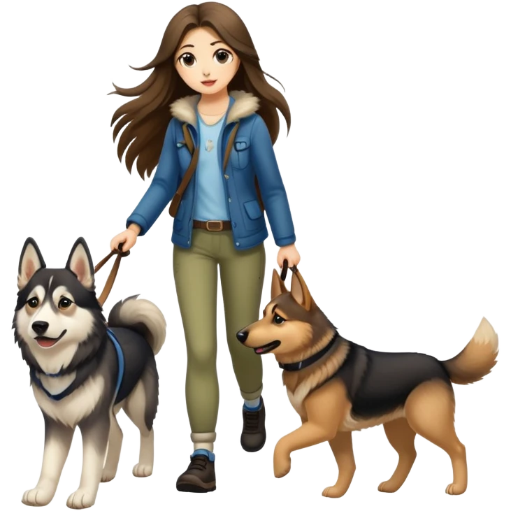 A long-haired girl walking a husky and a German shepherd emoji