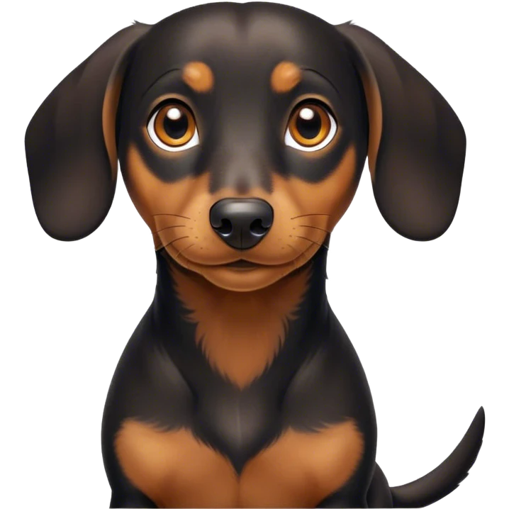 Cinematic Cute black and tan Dachshund Portrait Emoji, Head tilted playfully and inquisitively, featuring a glossy black and tan coat with a sleek sheen, round, sparkling brown eyes filled with curiosity, Simplified yet irresistibly adorable features, highly detailed, glowing with a warm, friendly glow, high shine, affectionate and spirited, stylized with a touch of whimsy, bright and endearing, soft glowing outline, capturing the essence of a mischievous yet loving pup, so playful it feels like it could dash out of the screen and into your arms! emoji