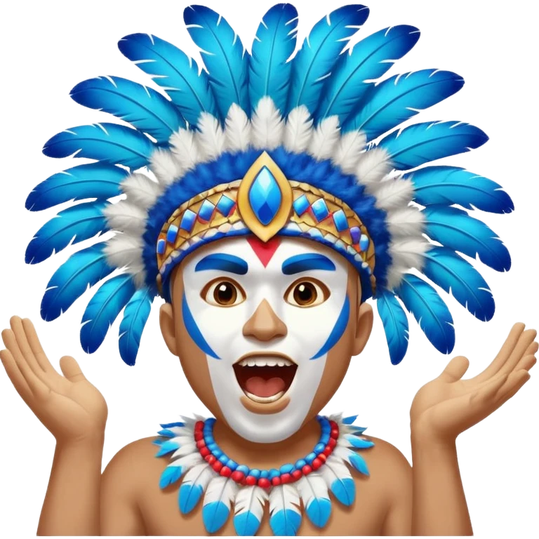 A man with half-blue, half-white face paint, shouting proudly while cheering emoji