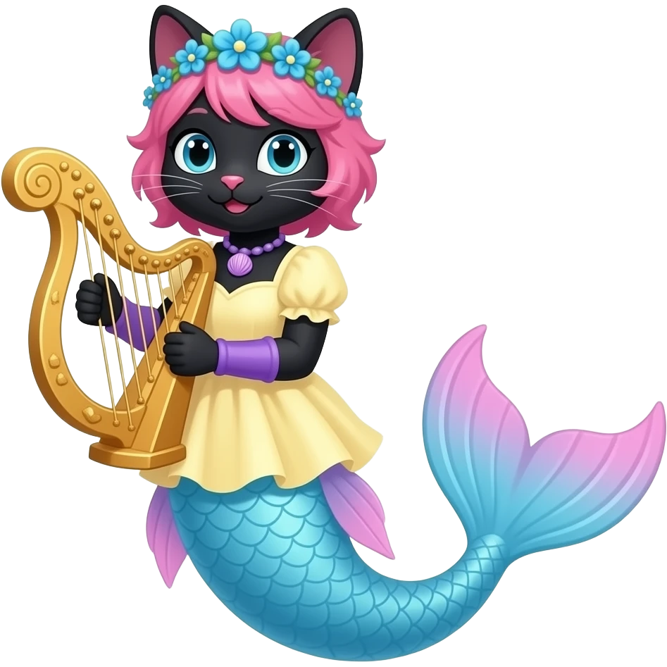 black femboy anthro cat with pink hair blue flower crown with light purple shell necklace light yellow dress attached to long light blue mermaid tail with pink fins purple gloves holding a golden harp emoji