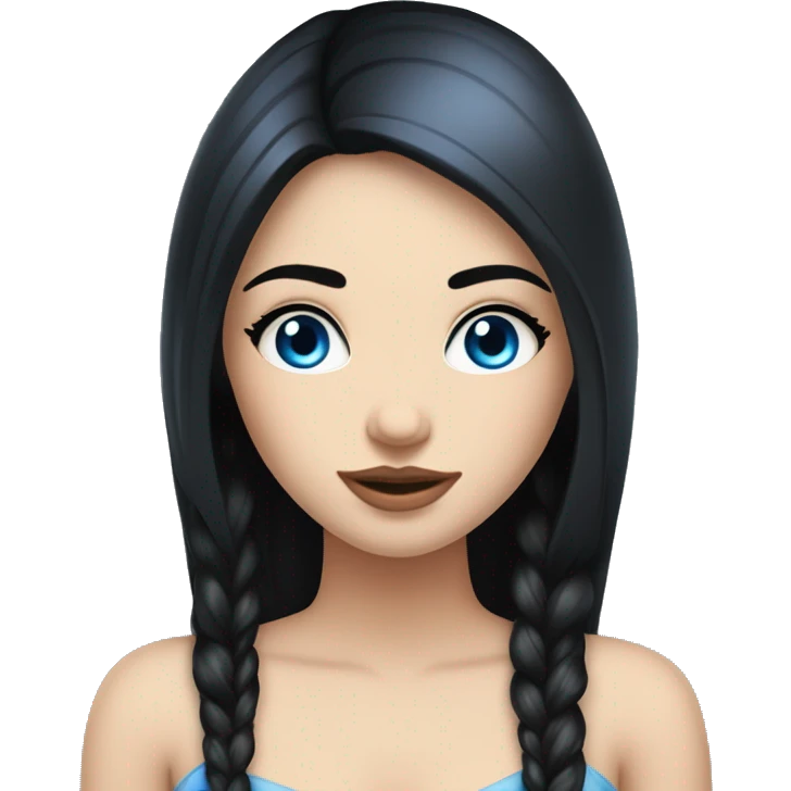 a girl with fair skin, straight long black hair, blue eyes, standing, very beautiful, very hot,Russian,plump lips and eyelashes emoji