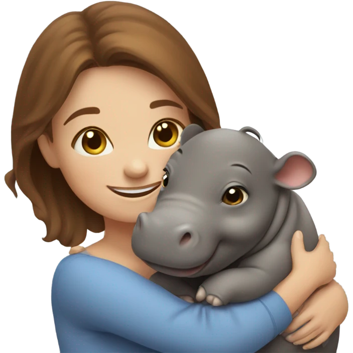 smiling woman with brown hair embracing baby hippo emoji