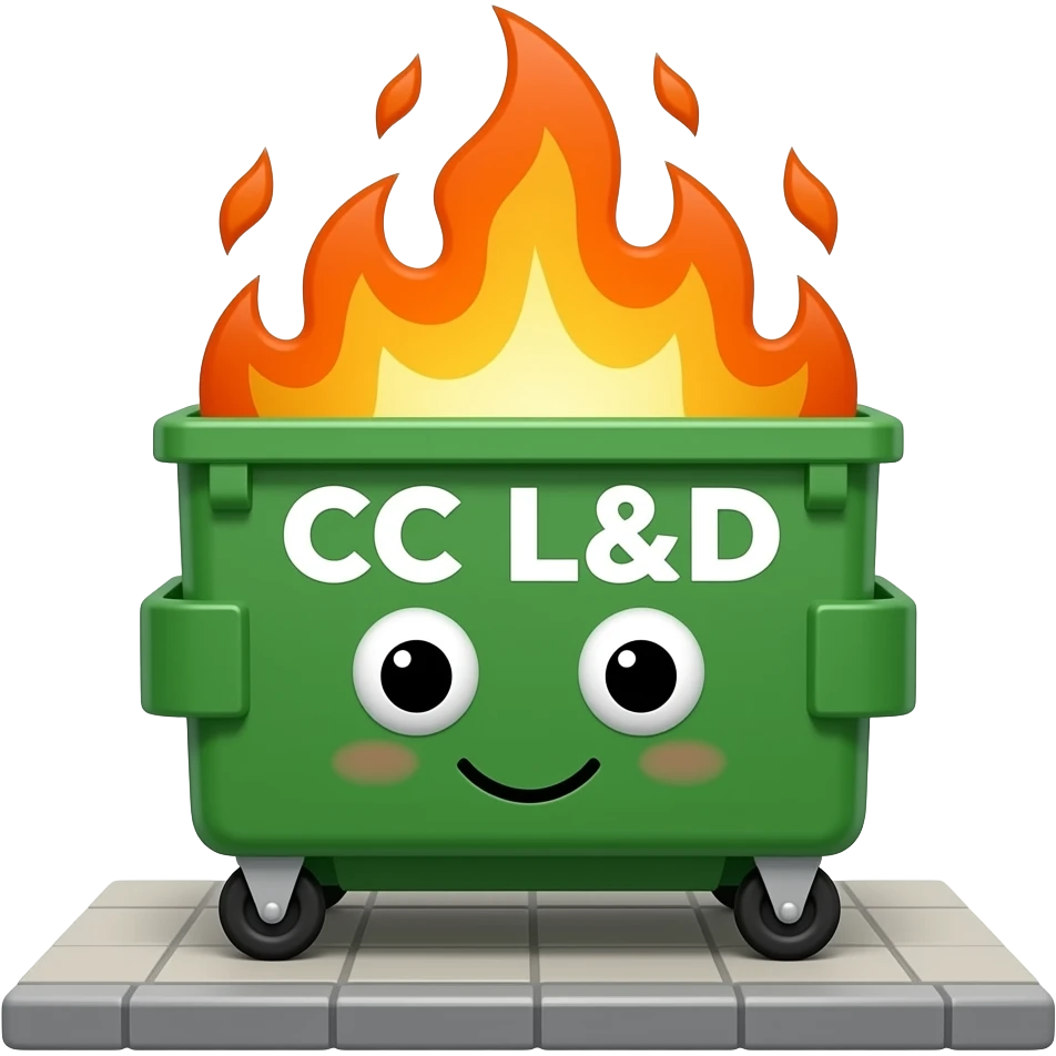a green dumpster fire with a cute face on the front and the words CC L&D emoji