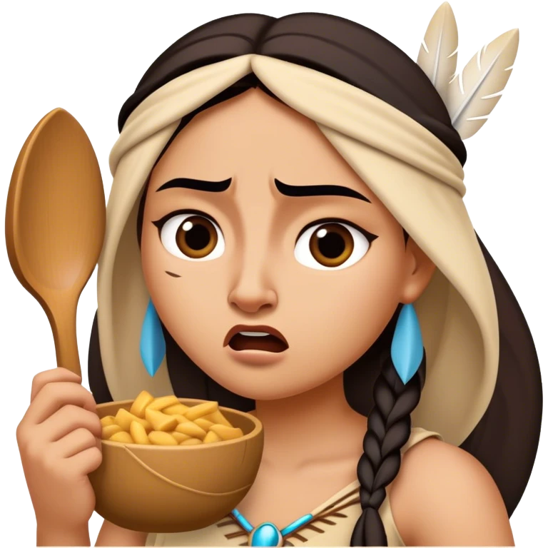 Cinematic Funny Pocahontas Portrait Emoji, Looking bewildered as Meeko steals her food, one brow raised in playful frustration, a warrior princess caught in a hilariously relatable moment, wild yet endearing! emoji