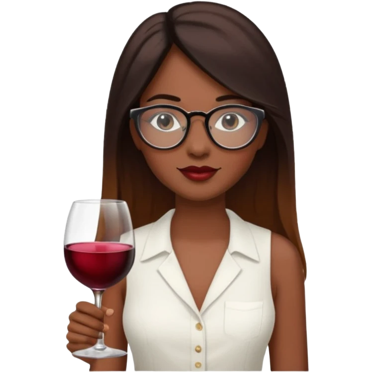 a woman with dark skin.
She has long, straight brown hair. with wine ombré hair 
He wears black-framed glasses. vintage oval.
She wears a white sleeveless blouse. emoji