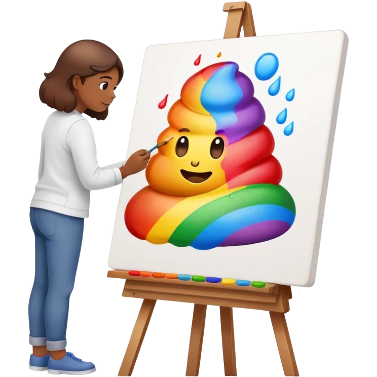 artist painting a rainbow poop emoji on an easel emoji