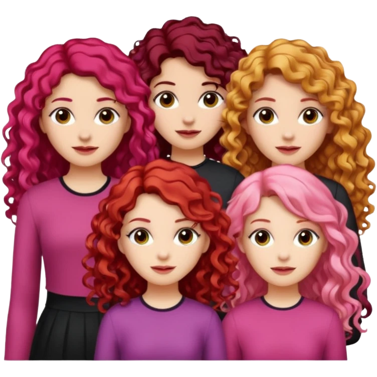 5 girls  curly redhead, one with brunette dyed blonde hair, one long haired wavy brunette, one mid-length haired brunette, and one black haired girl with partially dyed bright red/pink hair emoji
