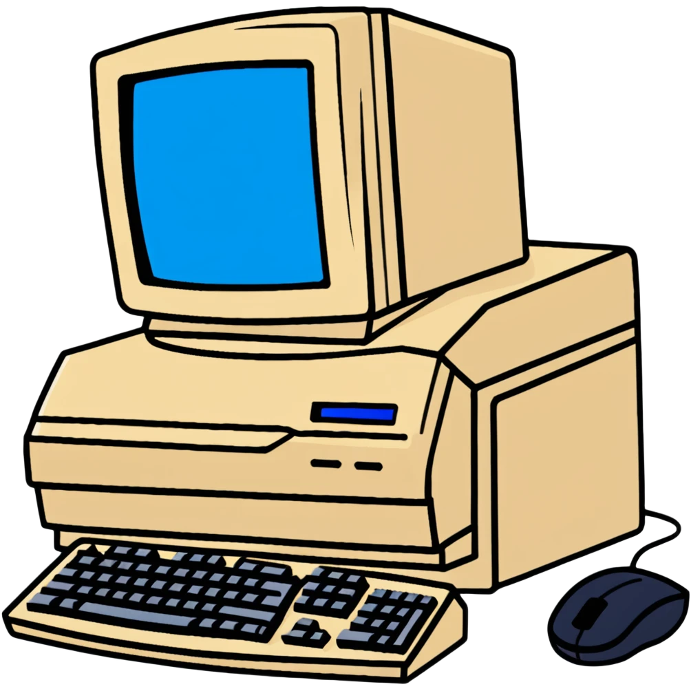 Early 2000s desktop computer, beige plastic casing, CRT monitor with blue screen, tower CPU with CD drive, separate wired keyboard and mouse, simple tech setup emoji